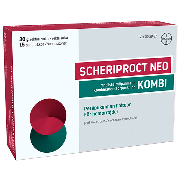 Мазь + Свечи от гемороя SCHERIPROCT NEO KOMBI PERÄPUIKKO JA REKTAALIVOIDE 30 гр + 15 свечей Bayer Мазь + Свечи от гемороя SCHERIPROCT NEO KOMBI PERÄPUIKKO JA REKTAALIVOIDE 30 гр + 15 свечей Bayer