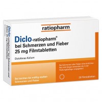 Обезболивающий и противовоспалительный препарат DICLO-RATIOPHARM bei Schmerzen u.Fieber 25 mg FTA 20 шт RatioPharm Обезболивающий и противовоспалительный препарат DICLO-RATIOPHARM bei Schmerzen u.Fieber 25 mg FTA 20 шт RatioPharm
