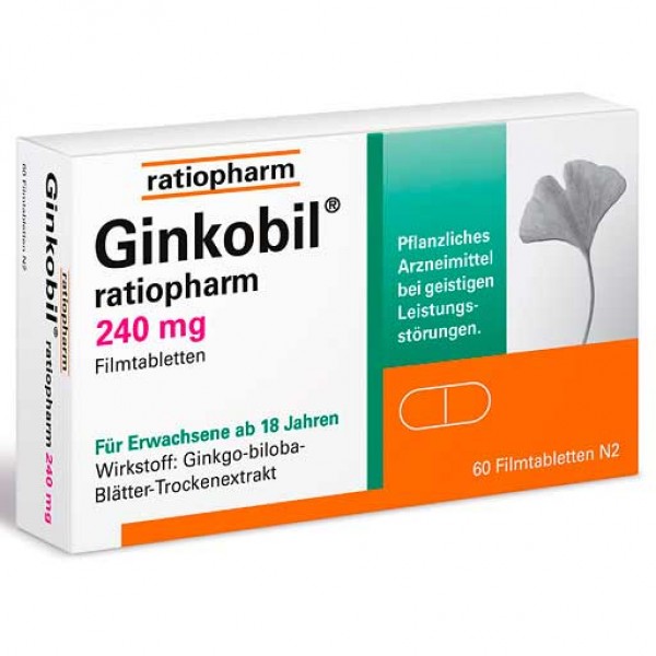 Таблетки для улучшения концентрации и памяти GINKOBIL-ratiopharm 240 mg Filmtabletten 60 шт RatioPharm Таблетки для улучшения концентрации и памяти GINKOBIL-ratiopharm 240 mg Filmtabletten 60 шт RatioPharm