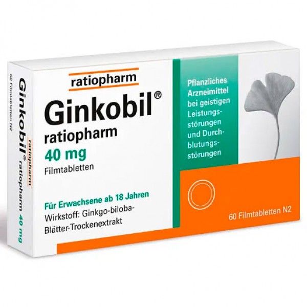 Таблетки для улучшения концентрации и памяти GINKOBIL-ratiopharm 40 mg Filmtabletten 60 шт RatioPharm Таблетки для улучшения концентрации и памяти GINKOBIL-ratiopharm 40 mg Filmtabletten 60 шт RatioPharm