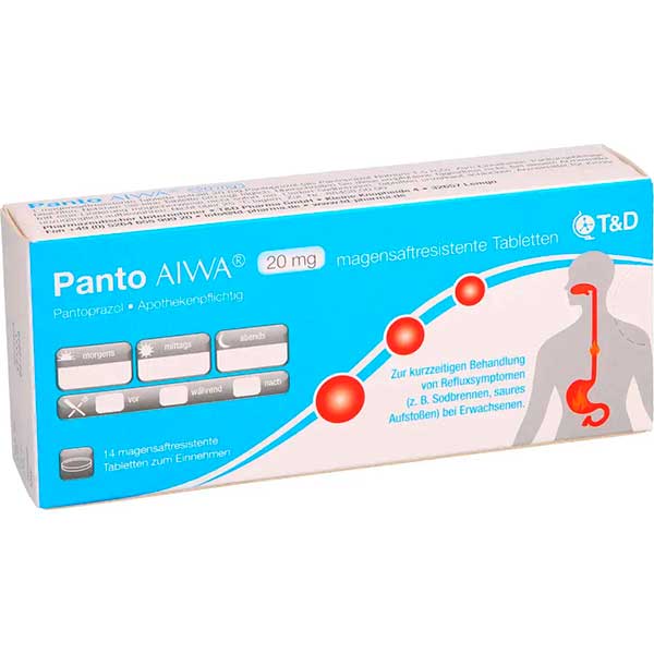 Таблетки от изжоги PANTO AIWA 20 mg magensaftresistente Tabletten 14 шт T & D Pharma Таблетки от изжоги PANTO AIWA 20 mg magensaftresistente Tabletten 14 шт T & D Pharma